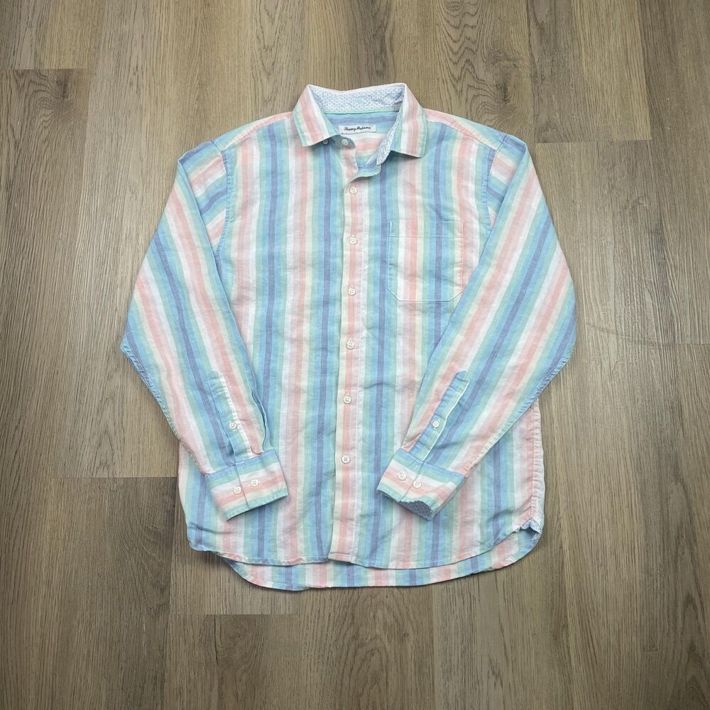 Tommy Bahama Shirt Mens Medium Pastel Stripe Linen Blend Long Sleeve Casual